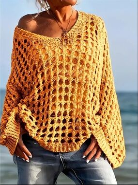 NWOT Open-Knit V-Neck Sweater in Yellow, Beach Cover Up, Multiple Sizes